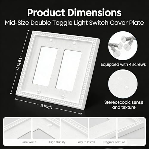 ZEFTV 10 Pack Mid-Size Decorator Wall Plates 2-Gang Switch Outlet Electrical Cover Plate Unbreakable Thermoplastic Faceplate for Light Receptacle Outlet Switch, Classic Beaded Relief Design, White - Image 2