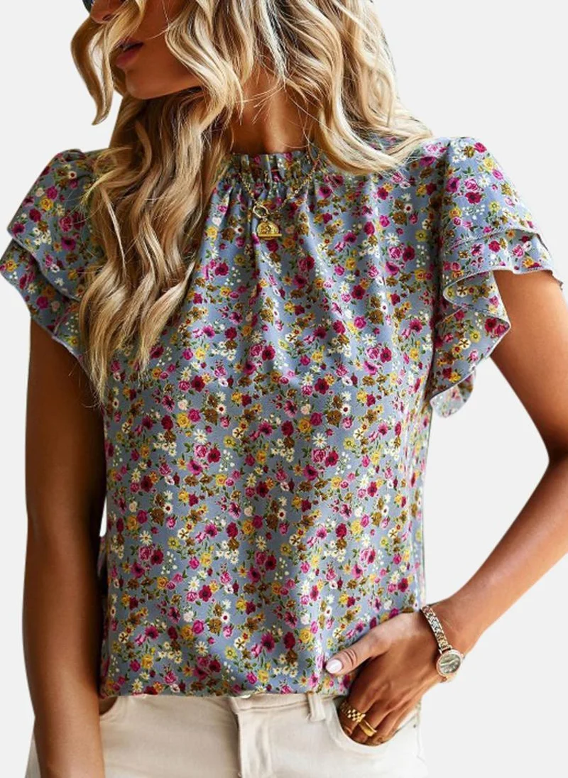 YUNIQEE Blue Round Neck Printed Top