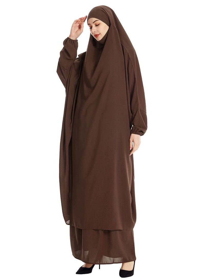 إسكدنيا Women's 2-Piece Solid Color Abaya Set Batwing Sleeve Abaya Thobe Robe And Half Skirt Suit Dark Brown  - Image 1