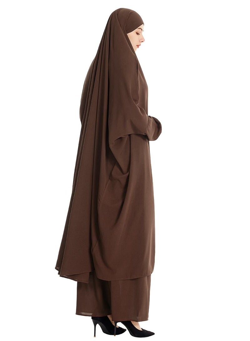 إسكدنيا Women's 2-Piece Solid Color Abaya Set Batwing Sleeve Abaya Thobe Robe And Half Skirt Suit Dark Brown  - Image 2