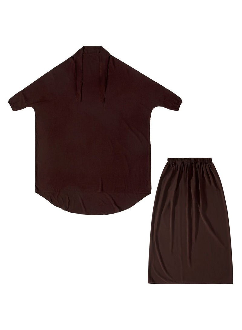 إسكدنيا Women's 2-Piece Solid Color Abaya Set Batwing Sleeve Abaya Thobe Robe And Half Skirt Suit Dark Brown  - Image 3