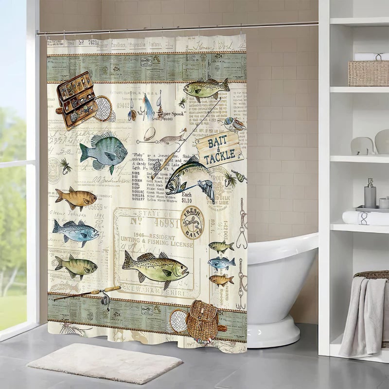 Tourrest Farmhouse Fishing Shower Curtain Cabin Fish Bathroom Shower Curtains Farmhouse Country Rustic Shower Curtain Waterproof Polyester Fabric 60 x 72 Inch - Image 2