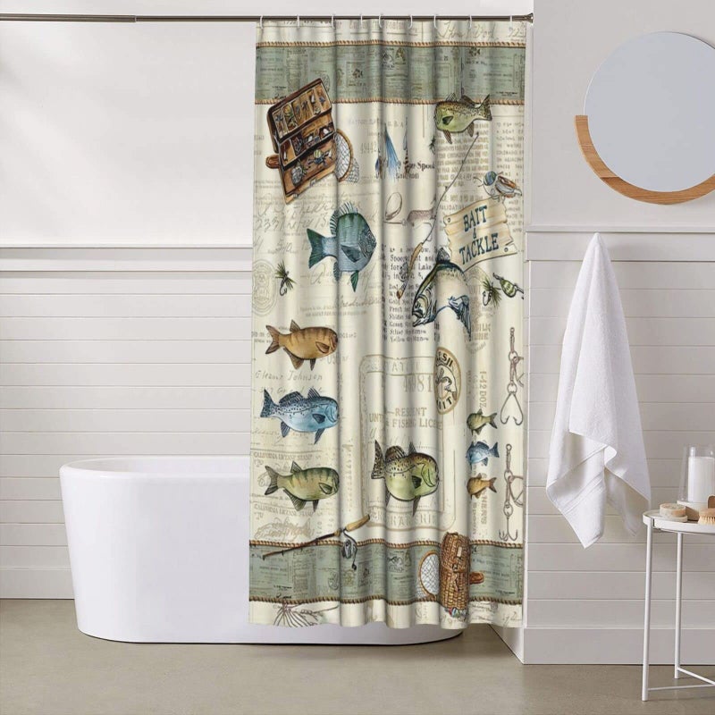 Tourrest Farmhouse Fishing Shower Curtain Cabin Fish Bathroom Shower Curtains Farmhouse Country Rustic Shower Curtain Waterproof Polyester Fabric 60 x 72 Inch - Image 5