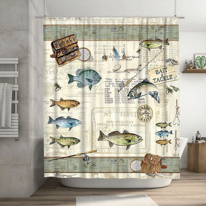 Tourrest Farmhouse Fishing Shower Curtain Cabin Fish Bathroom Shower Curtains Farmhouse Country Rustic Shower Curtain Waterproof Polyester Fabric 60 x 72 Inch - Image 1