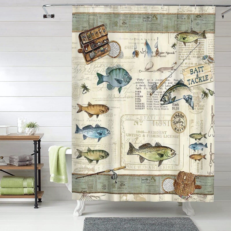 Tourrest Farmhouse Fishing Shower Curtain Cabin Fish Bathroom Shower Curtains Farmhouse Country Rustic Shower Curtain Waterproof Polyester Fabric 60 x 72 Inch - Image 3
