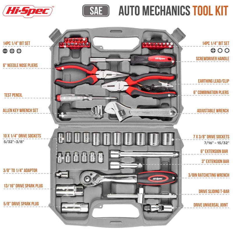 Hi-Spec Tools 67pc SAE Auto Mechanics Hand Tool Kit Set. Complete Car, Motorcycle, Engine & Garage Repairs with Sockets, Ratchet Wrench, Pliers & More - Image 2