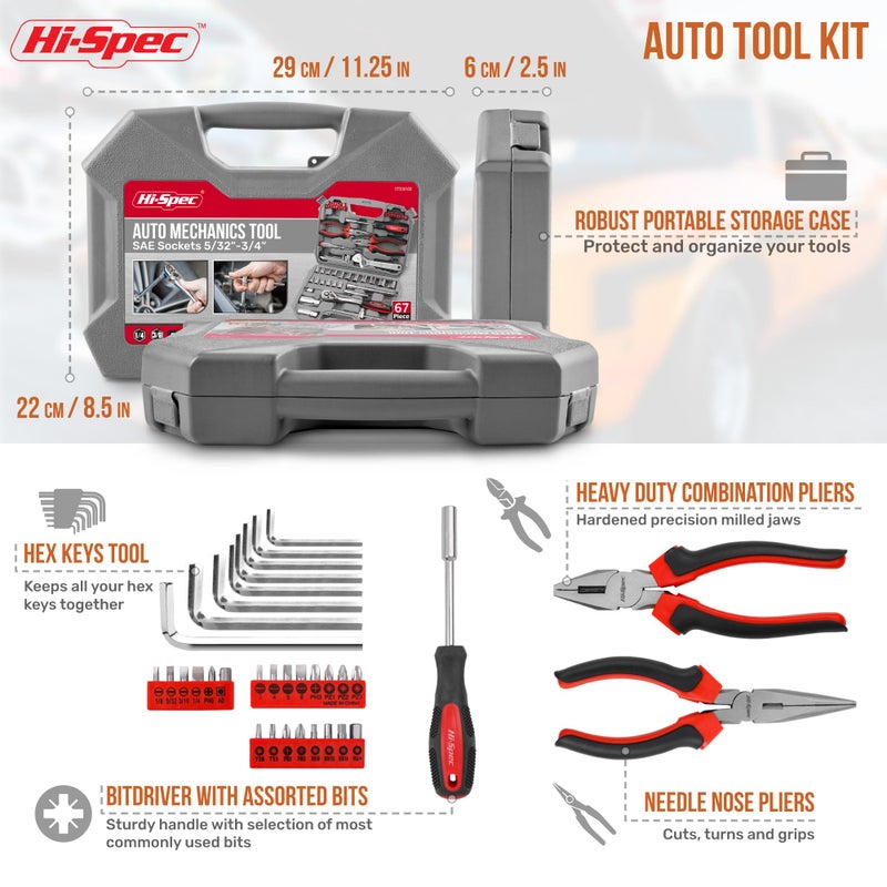 Hi-Spec Tools 67pc SAE Auto Mechanics Hand Tool Kit Set. Complete Car, Motorcycle, Engine & Garage Repairs with Sockets, Ratchet Wrench, Pliers & More - Image 4