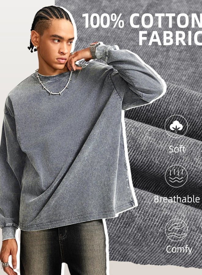 Arssm Mens Oversized T-Shirts Cotton Long Sleeve Tshirts Vintage Acid Wash Baggy Tees, Black+grey+khaki, L - Image 5