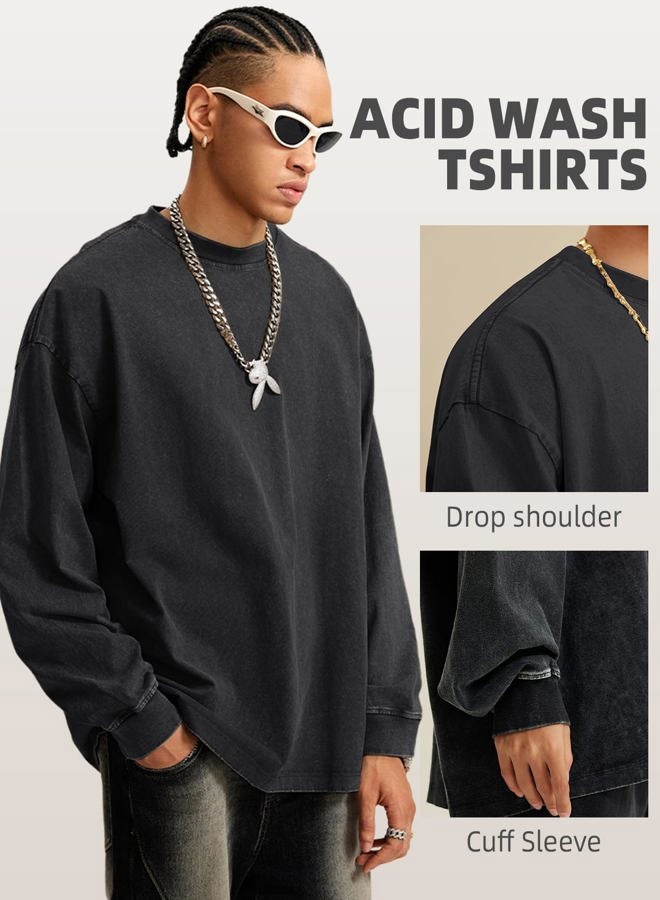 Arssm Mens Oversized T-Shirts Cotton Long Sleeve Tshirts Vintage Acid Wash Baggy Tees, Black+grey+khaki, L - Image 3