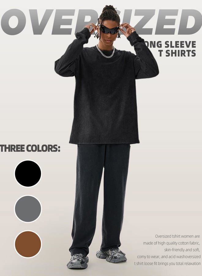Arssm Mens Oversized T-Shirts Cotton Long Sleeve Tshirts Vintage Acid Wash Baggy Tees, Black+grey+khaki, L - Image 4