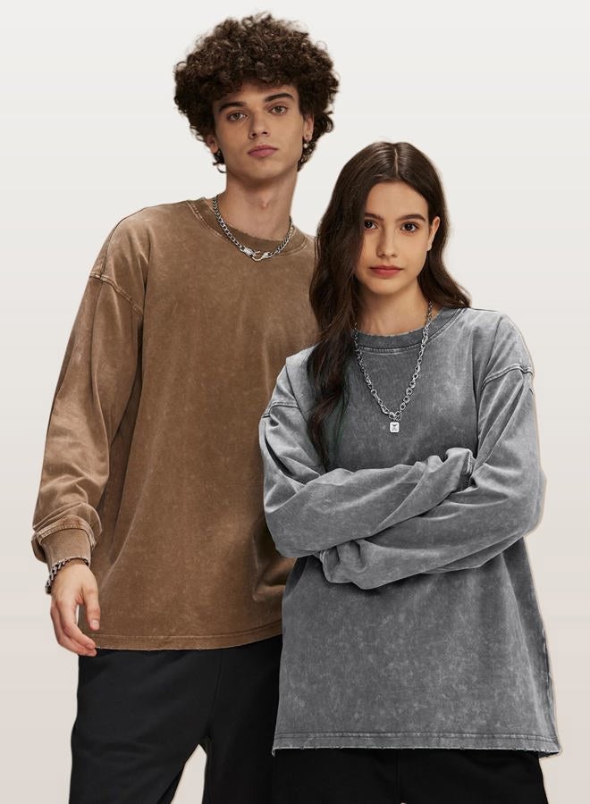 Arssm Mens Oversized T-Shirts Cotton Long Sleeve Tshirts Vintage Acid Wash Baggy Tees, Black+grey+khaki, L - Image 2