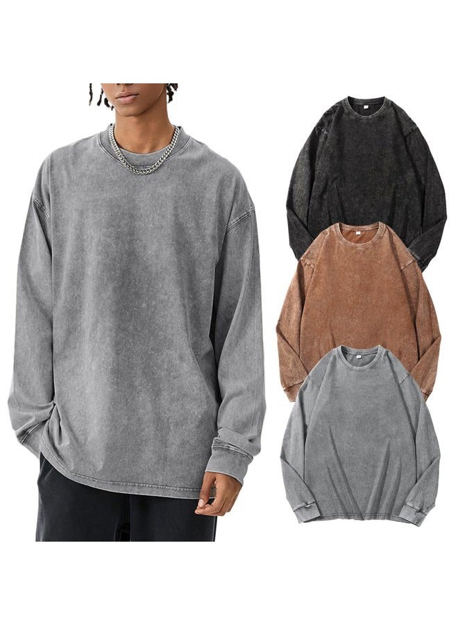 Arssm Mens Oversized T-Shirts Cotton Long Sleeve Tshirts Vintage Acid Wash Baggy Tees, Black+grey+khaki, L - Image 1