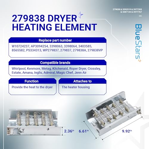 BlueStars [2025 Upgraded] 279838 WED4815EW1 Heating Element For Whirlpool Dryer WED6200SW1 WED5000DW2 WED5300VW0 WED4800BQ1 Maytag MEDC215EW1 MEDX655DW1 Amana NED4655EW1 Roper Admiral Kenmore 70 80 Model 110 - Image 3