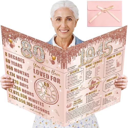 Turypaty Large 80th Birthday Card With Envelope for Women, Pink Rose Gold The Year 1945 Happy 80th Birthday Giant Guest Signature Book Gift, Extra Big Eighty Greeting Card Decoration Party Supply - Image 1