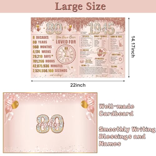 Turypaty Large 80th Birthday Card With Envelope for Women, Pink Rose Gold The Year 1945 Happy 80th Birthday Giant Guest Signature Book Gift, Extra Big Eighty Greeting Card Decoration Party Supply - Image 3
