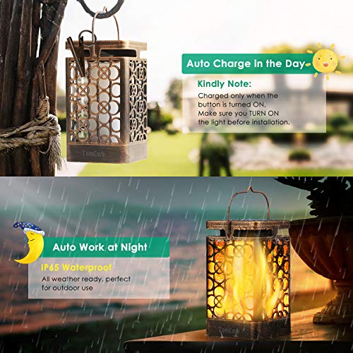 TomCare Solar Lights Upgraded Solar Lantern Flickering Flame Outdoor Hanging Lantern Decorative Lighting Solar Powered Waterproof LED Flame Umbrella Lights for Patio Garden Deck, 2 Pack(Bronze) - Image 4