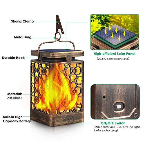 TomCare Solar Lights Upgraded Solar Lantern Flickering Flame Outdoor Hanging Lantern Decorative Lighting Solar Powered Waterproof LED Flame Umbrella Lights for Patio Garden Deck, 2 Pack(Bronze) - Image 3