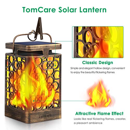 TomCare Solar Lights Upgraded Solar Lantern Flickering Flame Outdoor Hanging Lantern Decorative Lighting Solar Powered Waterproof LED Flame Umbrella Lights for Patio Garden Deck, 2 Pack(Bronze) - Image 2