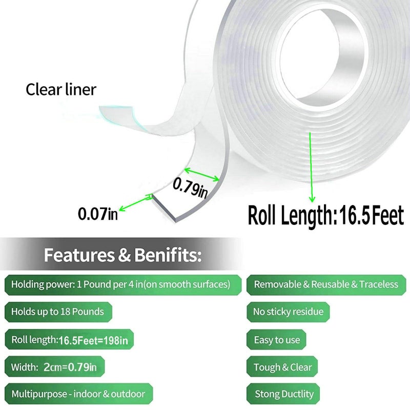 Jwxstore Double Sided Tape Heavy Duty, 16.5FT Nano Double Sided Adhesive Tape, Clear Mounting Tape Picture Hanging Adhesive Strips - Image 2
