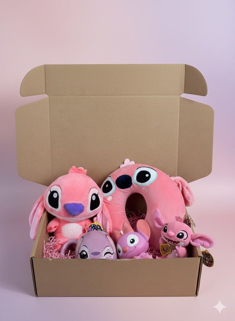 STITCH Angel Pink Premium Gift Box – Soft Plush Toy + Comfortable Neck Pillow + Cute Savings Bank + Stylish Mug + Wallet with Keychain | A Ready-to-Gift Set for Angel Character Fans