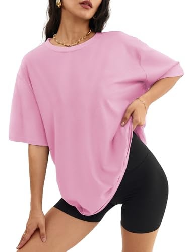 ATHMILE Womens Summer Spring Oversized T Shirts Loose Fit Crewneck Short Sleeve Tops Casual Blouse Y2K 2025 Basic Tee Beach Pink - Image 1