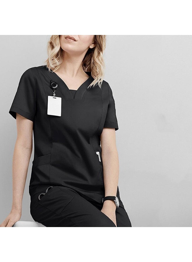 Loquat Womens Medical Scrubs Single Top Medical Uniform Single Printed Top Black - Image 1