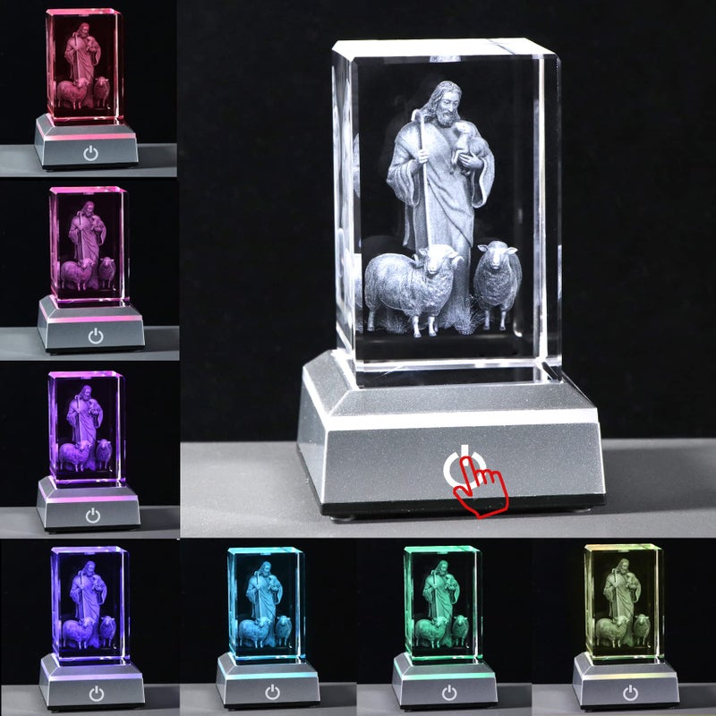 YWHL 3D Crystal Good Shepherd Statue with Colorful Base Laser Engraved Jesus Figurine for Religious Gifts for Women Men on Christmas  Christian Catholic Church Keepsakes - Image 2