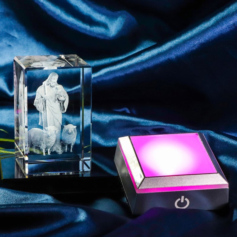YWHL 3D Crystal Good Shepherd Statue with Colorful Base Laser Engraved Jesus Figurine for Religious Gifts for Women Men on Christmas  Christian Catholic Church Keepsakes - Image 5