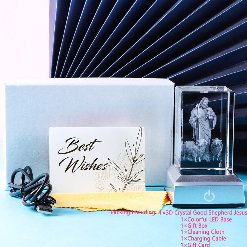 YWHL 3D Crystal Good Shepherd Statue with Colorful Base Laser Engraved Jesus Figurine for Religious Gifts for Women Men on Christmas  Christian Catholic Church Keepsakes - Image 3