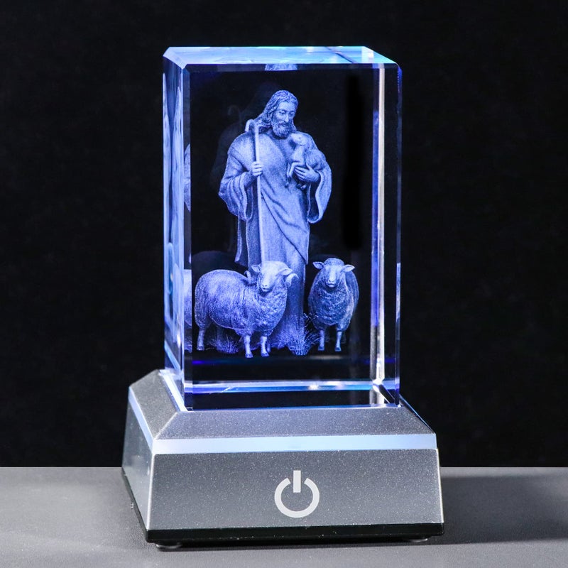 YWHL 3D Crystal Good Shepherd Statue with Colorful Base Laser Engraved Jesus Figurine for Religious Gifts for Women Men on Christmas  Christian Catholic Church Keepsakes - Image 1