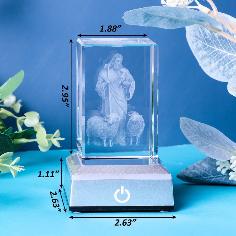 YWHL 3D Crystal Good Shepherd Statue with Colorful Base Laser Engraved Jesus Figurine for Religious Gifts for Women Men on Christmas  Christian Catholic Church Keepsakes - Image 4