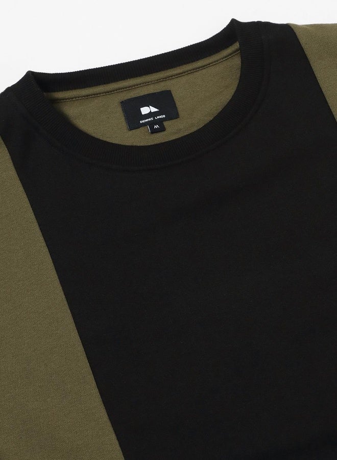 Dennis Lingo Regular Fit Olive Colourblocked Round Neck Sweatshirt for Men - Polycotton, Full Sleeves - Image 1