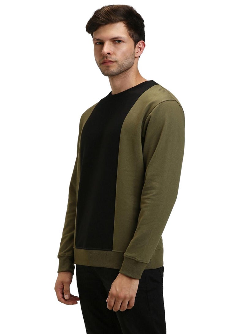 Dennis Lingo Regular Fit Olive Colourblocked Round Neck Sweatshirt for Men - Polycotton, Full Sleeves - Image 3