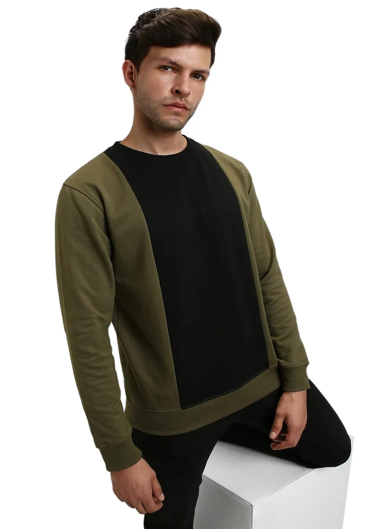 Dennis Lingo Regular Fit Olive Colourblocked Round Neck Sweatshirt for Men - Polycotton, Full Sleeves