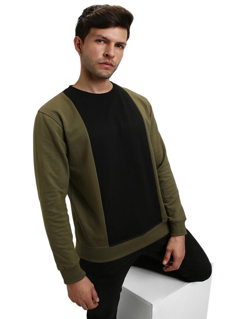 Dennis Lingo Regular Fit Olive Colourblocked Round Neck Sweatshirt for Men - Polycotton, Full Sleeves - Image 5