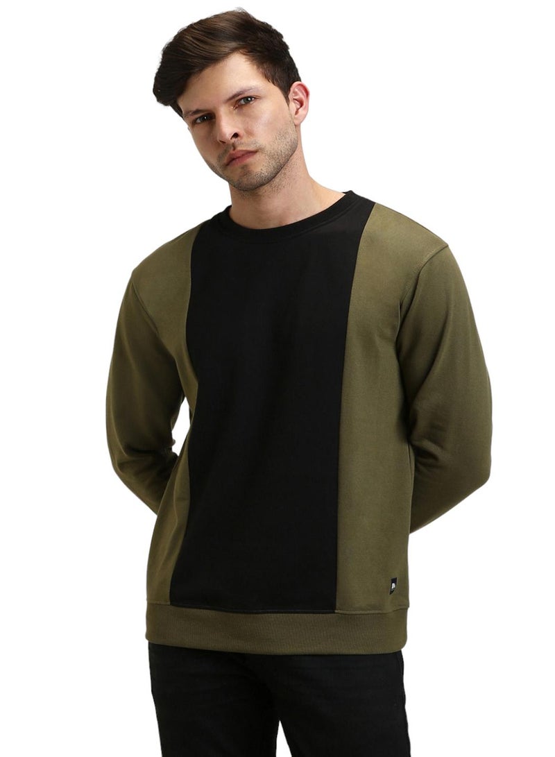 Dennis Lingo Regular Fit Olive Colourblocked Round Neck Sweatshirt for Men - Polycotton, Full Sleeves - Image 2