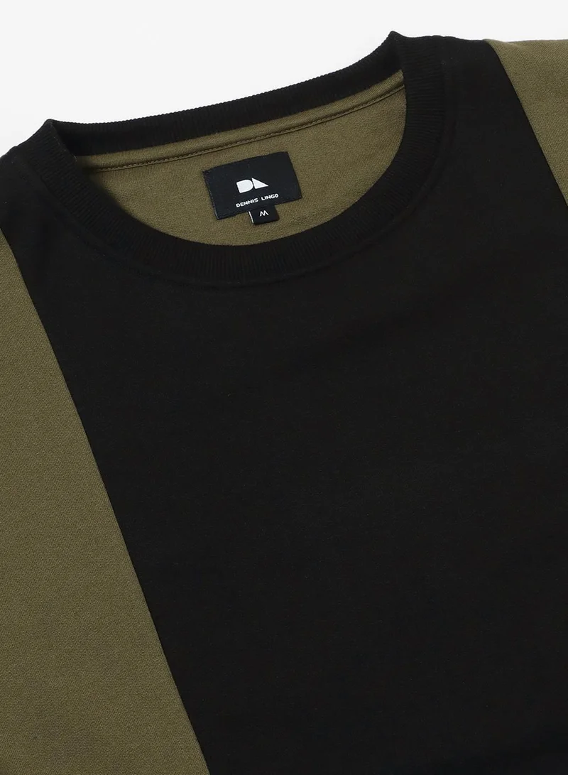 Dennis Lingo Regular Fit Olive Colourblocked Round Neck Sweatshirt for Men - Polycotton, Full Sleeves