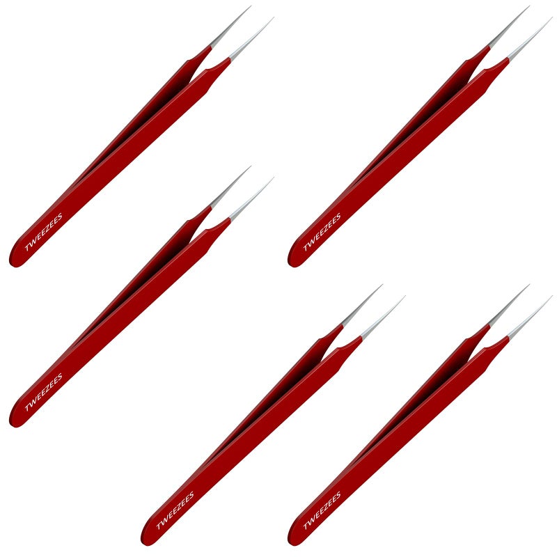 Ingrown Hair Tweezers  Pointed Tip  Red  5 Pack  Precision Stainless Steel  Extra Sharp and Perfectly Aligned for Ingrown Hair Treatment  Splinter Removal For Men and Women  By Tweezees