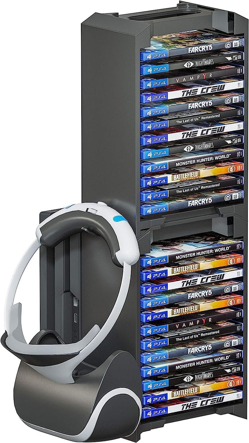 سكاي وين منصة تخزين ألعاب فيديو Skywin، منظم تخزين ألعاب فيديو لأجهزة PS5/PS4/PS3/Xbox Series S & X/Xbox One، مع حامل لأجهزة VR والسماعات الرأسية، وبرج تخزين لـ 24 قرصًا مدمجًا لأجهزة PS (لون أسود). - Image 1