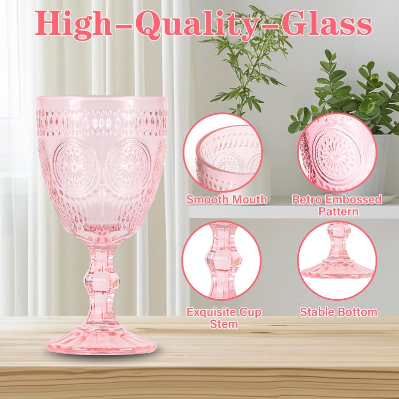 Scawim Valentine's Day Pink Glass Goblets Wine Glassware, 10 oz Vintage Wine Glasses Set of 12, Romantic Wedding Glass Set, Embossed Drinking Stemware Beverage Cups for Wedding Party Bar - Image 3