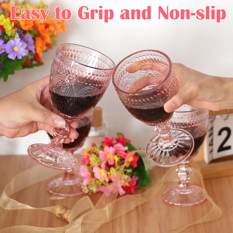 Scawim Valentine's Day Pink Glass Goblets Wine Glassware, 10 oz Vintage Wine Glasses Set of 12, Romantic Wedding Glass Set, Embossed Drinking Stemware Beverage Cups for Wedding Party Bar - Image 5