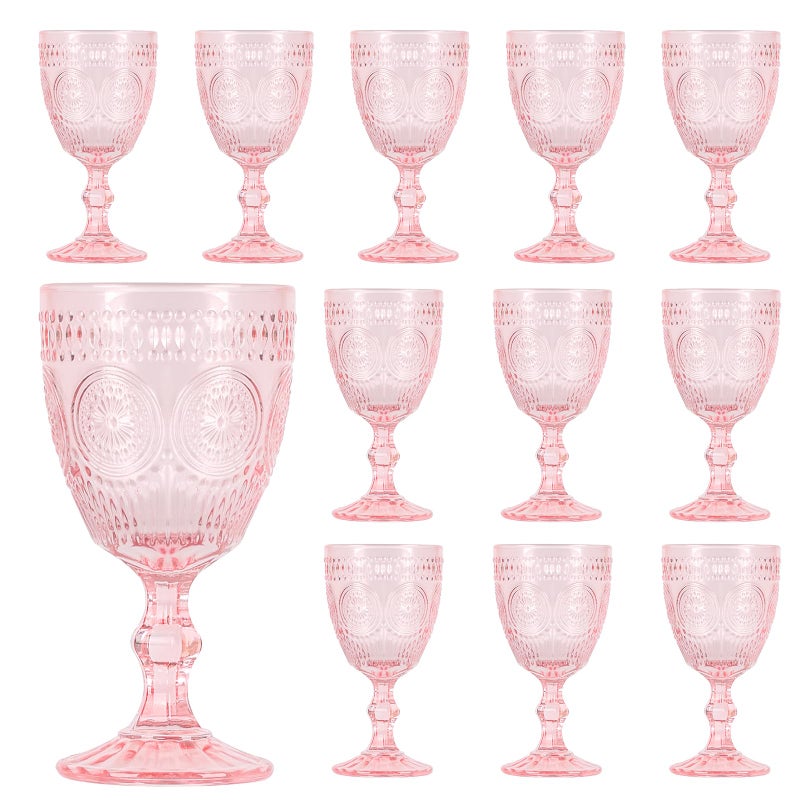 Scawim Valentine's Day Pink Glass Goblets Wine Glassware, 10 oz Vintage Wine Glasses Set of 12, Romantic Wedding Glass Set, Embossed Drinking Stemware Beverage Cups for Wedding Party Bar - Image 1
