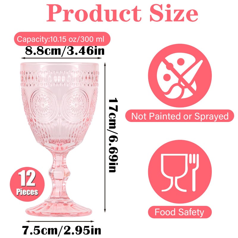 Scawim Valentine's Day Pink Glass Goblets Wine Glassware, 10 oz Vintage Wine Glasses Set of 12, Romantic Wedding Glass Set, Embossed Drinking Stemware Beverage Cups for Wedding Party Bar - Image 2