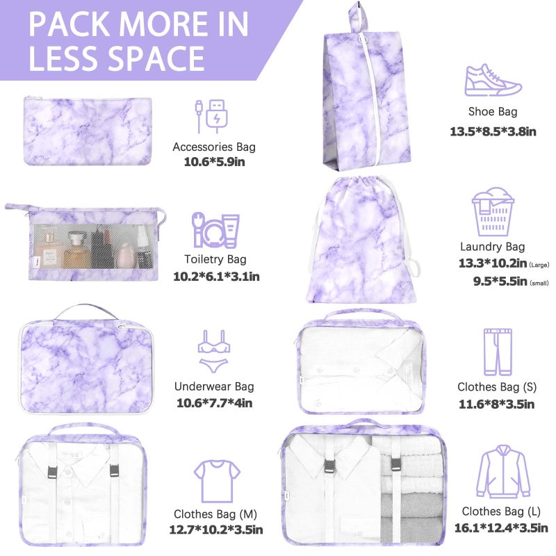 KPX 8 Set Packing Cubes for Travel, Luggage Packing Organizers Accessories Large Toiletries Bag for Clothes Shoes Cosmetics (8Set-Purple Marble) - Image 2
