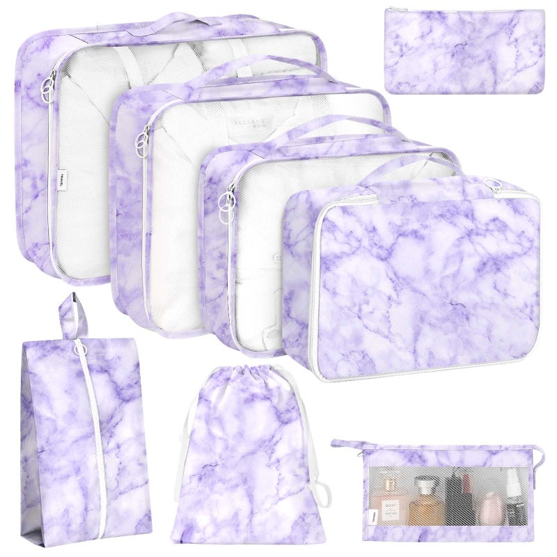 KPX 8 Set Packing Cubes for Travel, Luggage Packing Organizers Accessories Large Toiletries Bag for Clothes Shoes Cosmetics (8Set-Purple Marble) - Image 1