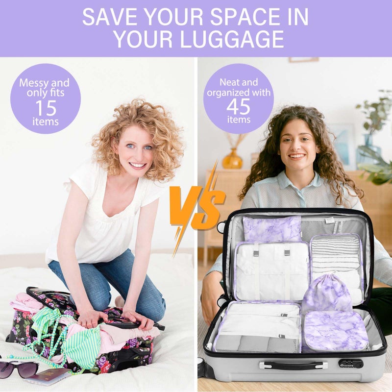 KPX 8 Set Packing Cubes for Travel, Luggage Packing Organizers Accessories Large Toiletries Bag for Clothes Shoes Cosmetics (8Set-Purple Marble) - Image 5