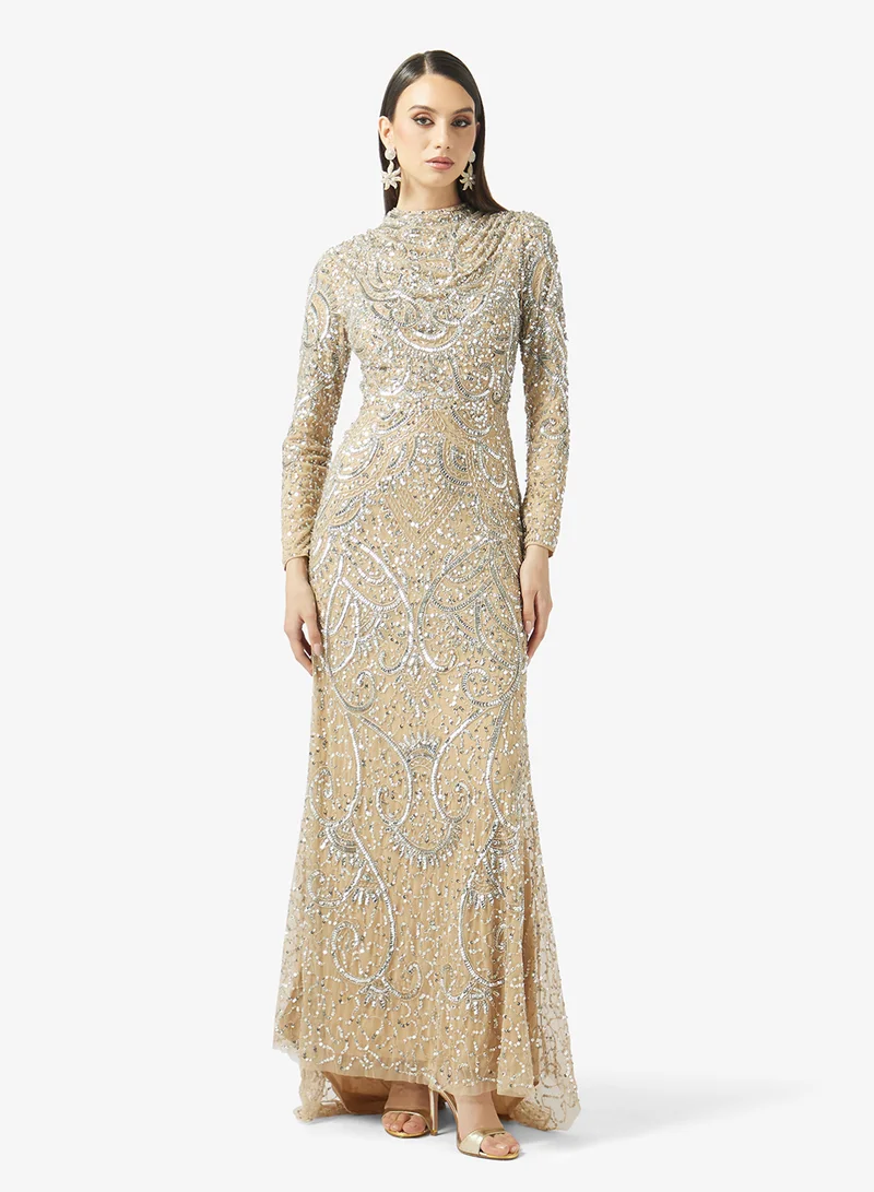 Embellished Long Sleeve Sequin Maxi Dress