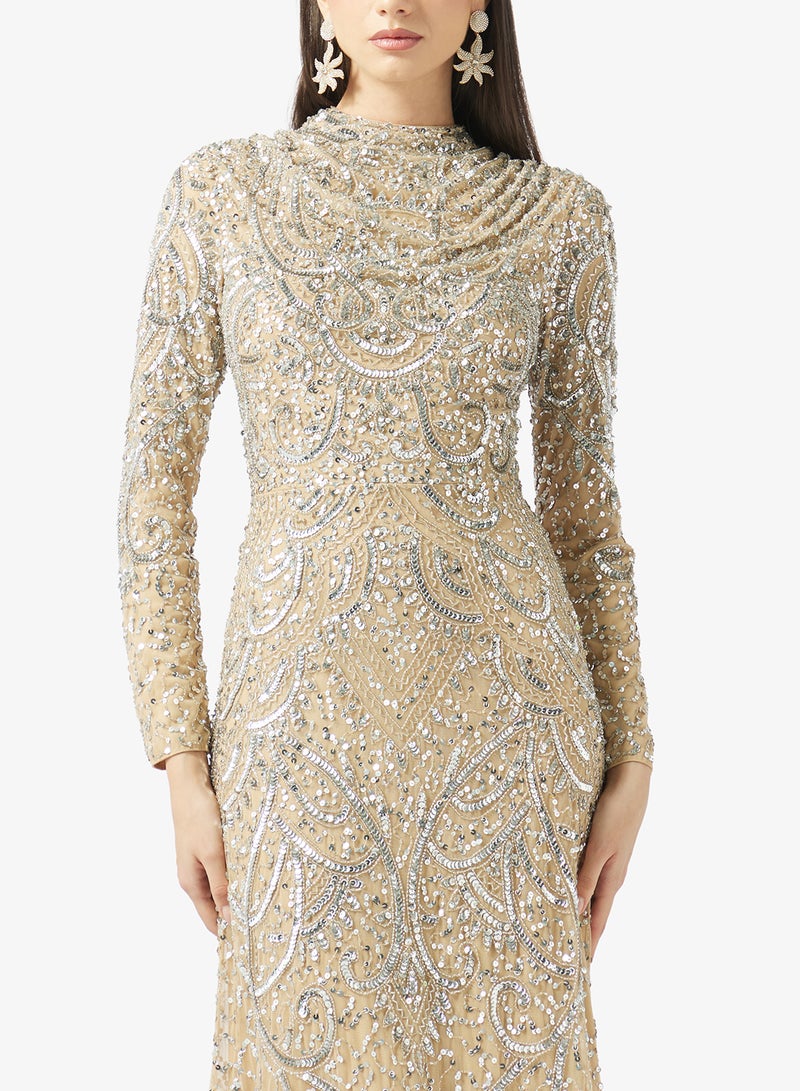 MARYISA Embellished Long Sleeve Sequin Maxi Dress - Image 3