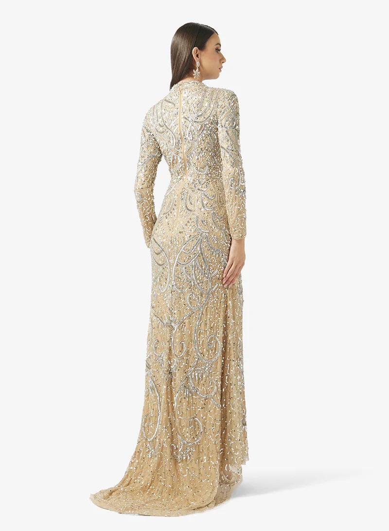 MARYISA Embellished Long Sleeve Sequin Maxi Dress