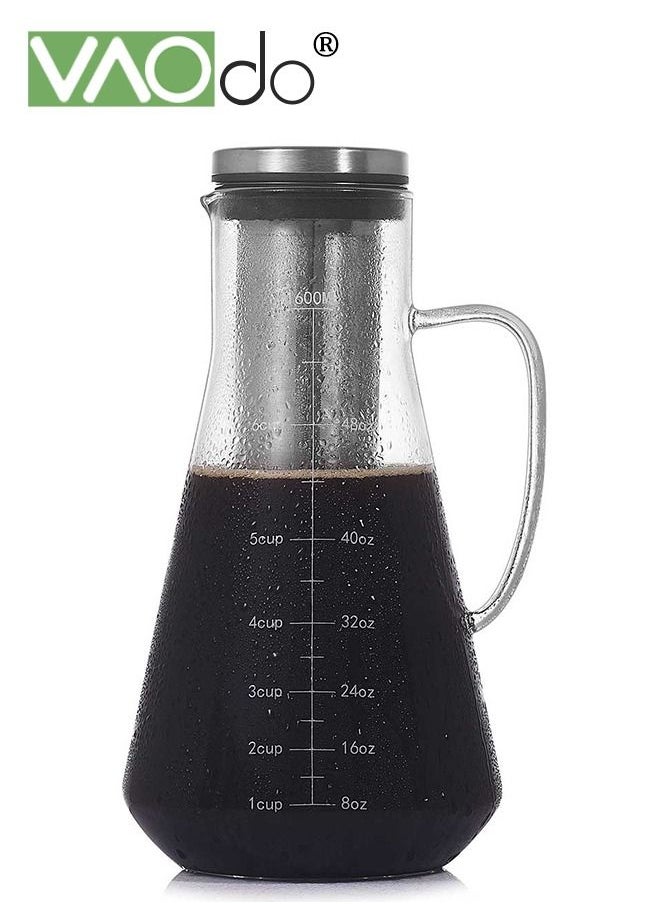 VAOdo - Cold Brew Coffee Maker 1600ML Borosilicate Glass With Stainless Steel Filter Fine Mesh Filter Infuser Kettle For Iced Coffee Cold Brew Juice Tea Etc - Image 1